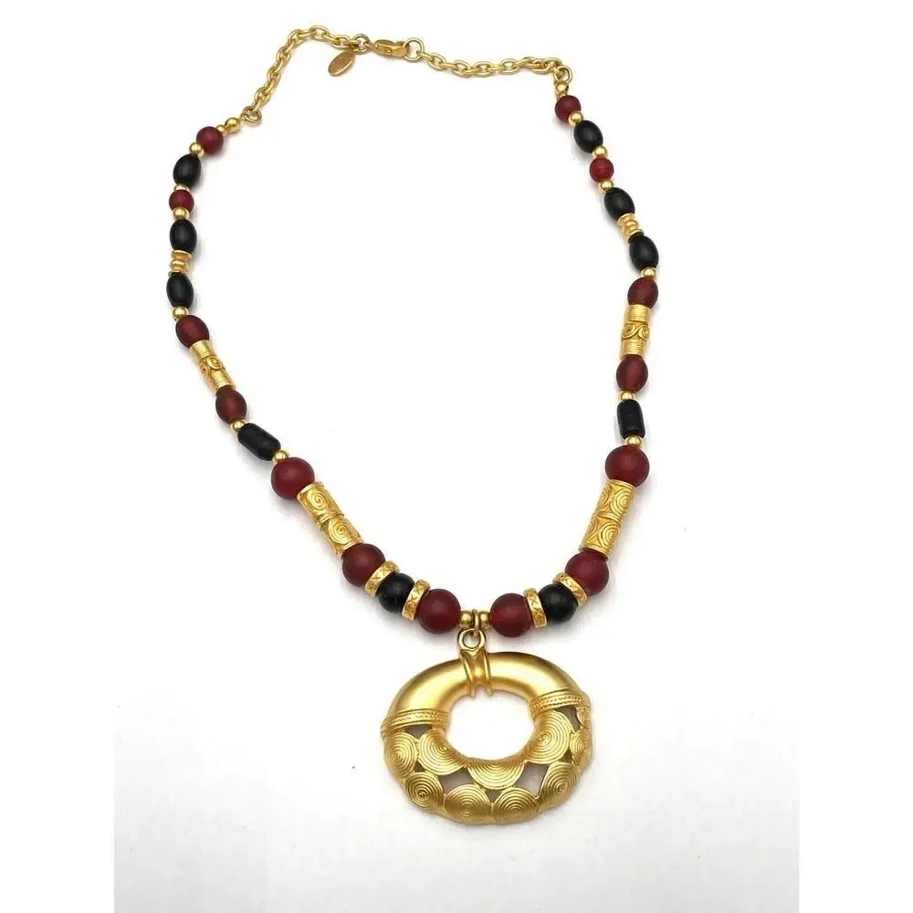 Inca Necklace Glass Beads Gold Tone Beads 17”